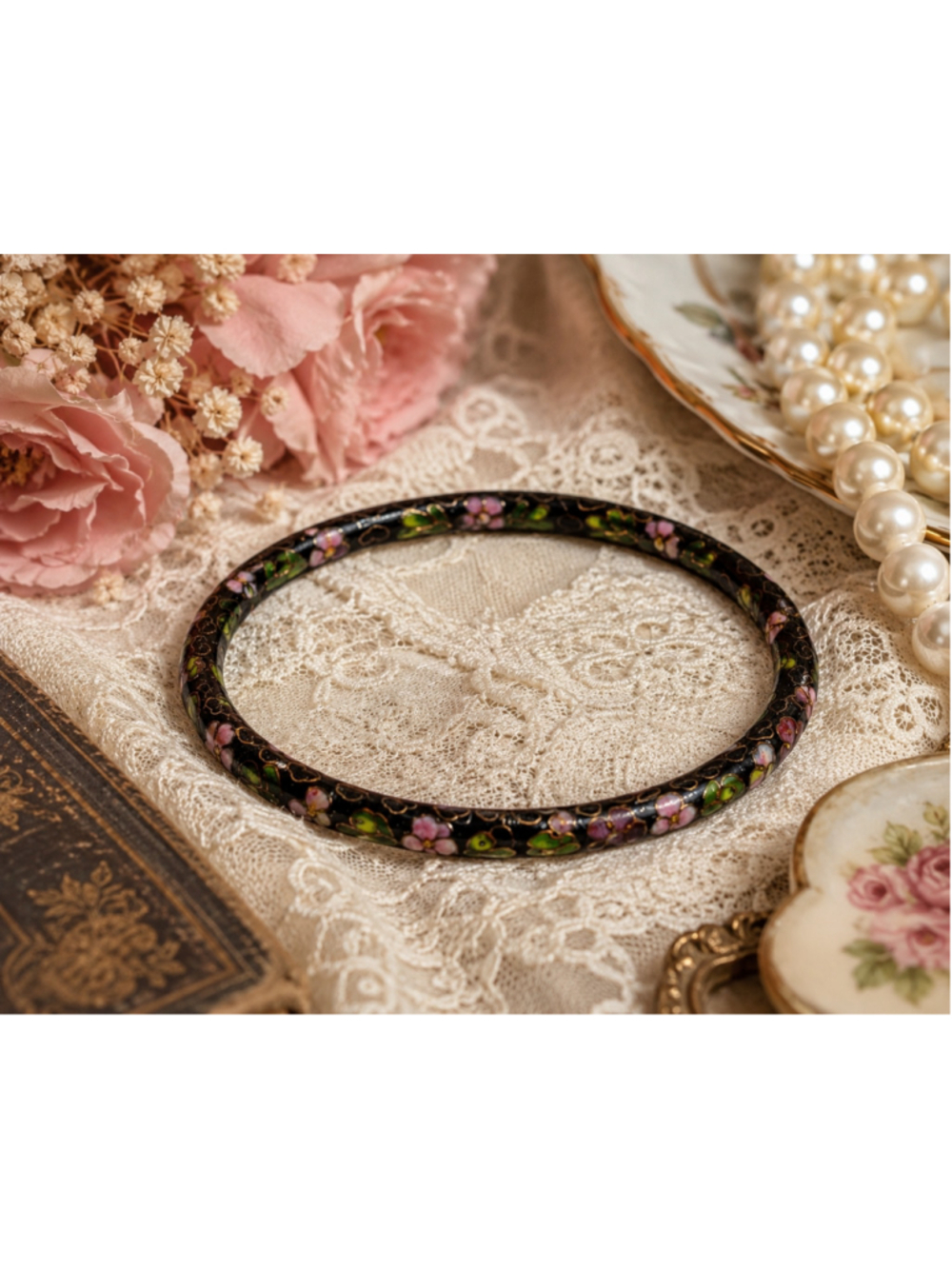 Vintage Cloisonné Enamel Floral Bangle Bracelet Black Pink Green Asian Style
